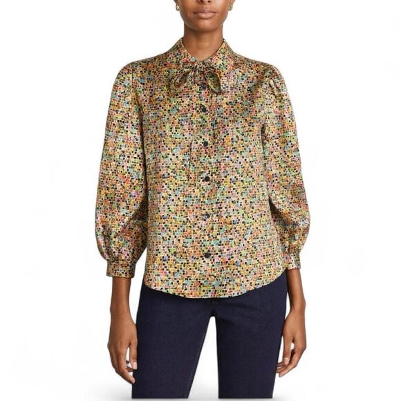 1990s Vintage 100% Silk Top Button Up Shirt Satin 3/4 Sleeve Blouse Bow Medium - Picture 1 of 9